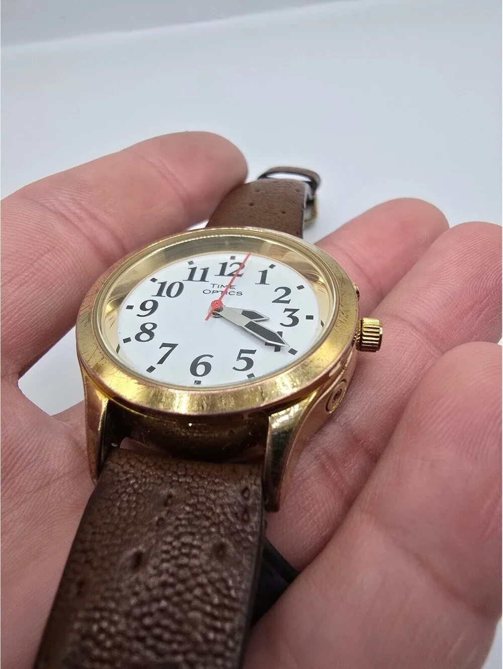 Time Optics Watch White Arabic Dial Gold Tone Brown Leather Strap
